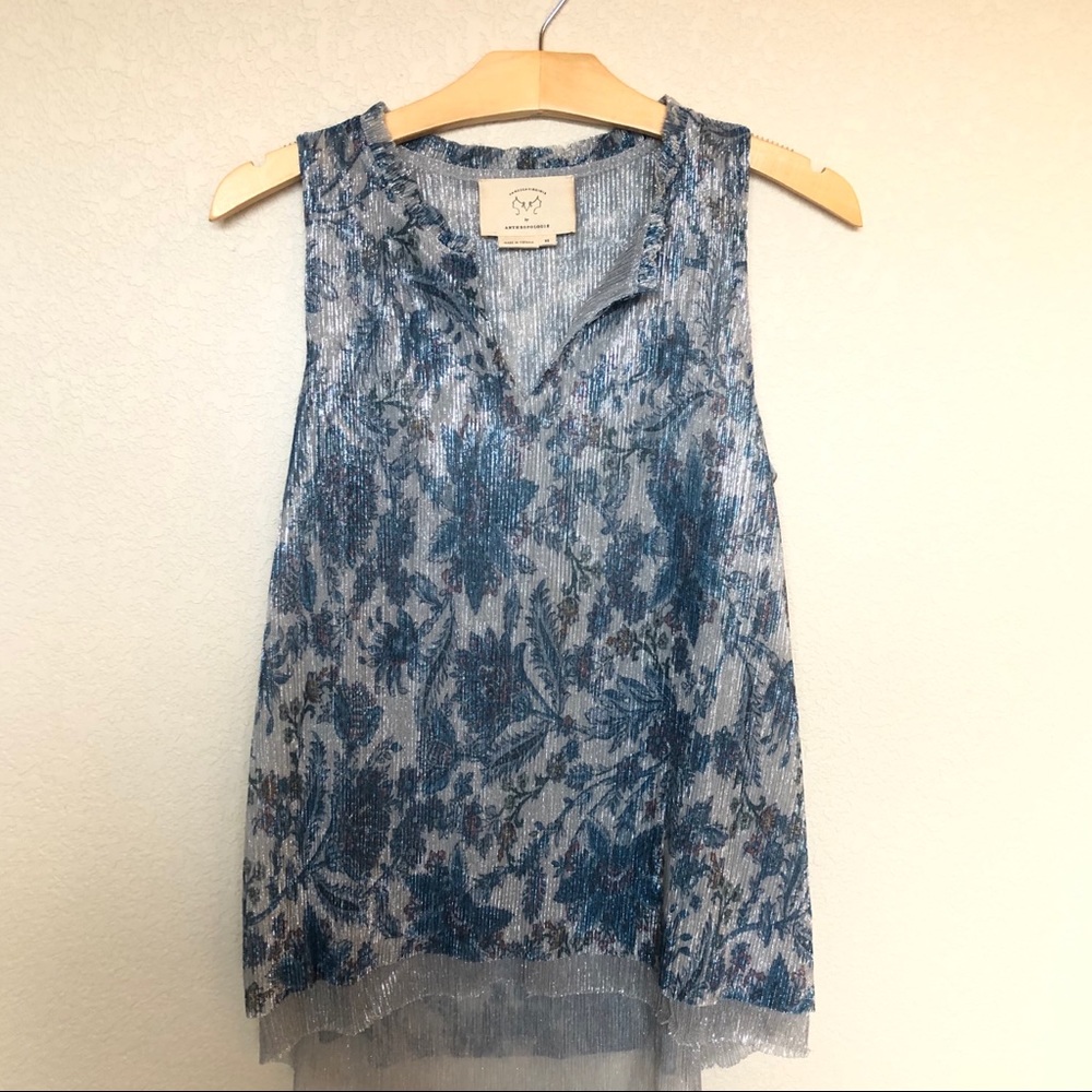 Anthropologie Floral Metallic Tank